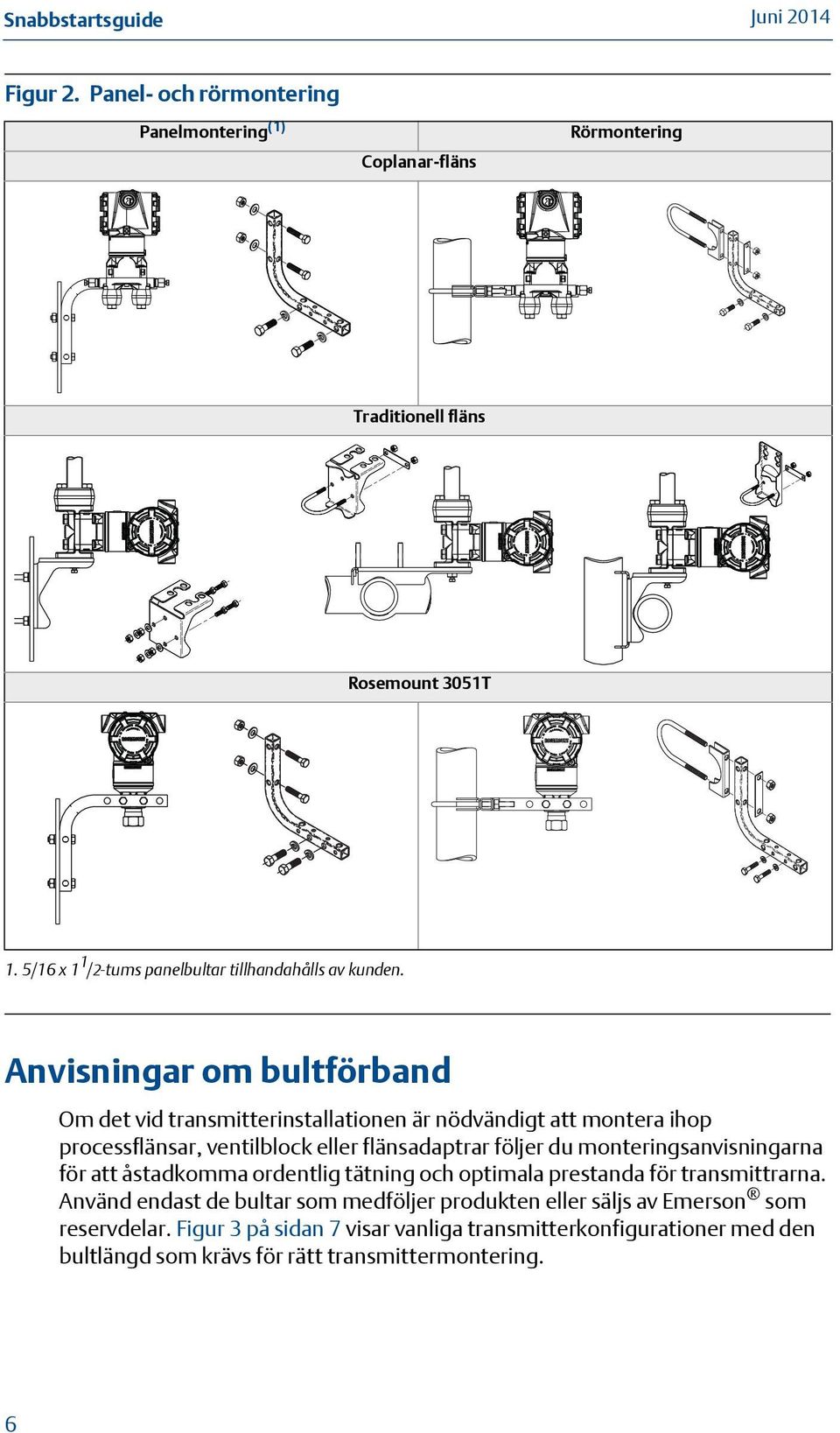 Anvisningar om bultförband Om det vid transmitterinstallationen är nödvändigt att montera ihop processflänsar, ventilblock eller flänsadaptrar följer du