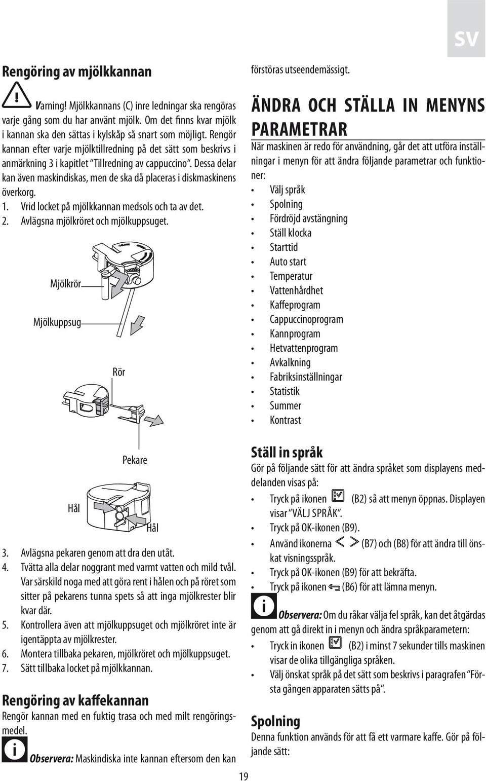 Dessa delar kan även maskindiskas, men de ska då placeras i diskmaskinens överkorg. 1. Vrid locket på mjölkkannan medsols och ta av det. 2. Avlägsna mjölkröret och mjölkuppsuget.