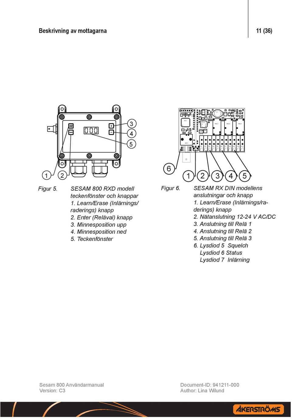 SESAM 800 RXD modell teckenfönster och knappar 1. Learn/Erase (Inlärnings/ raderings) knapp 2. Enter (Reläval) knapp 3. Minnesposition upp 4. Minnesposition ned 5. Teckenfönster Figur 6.