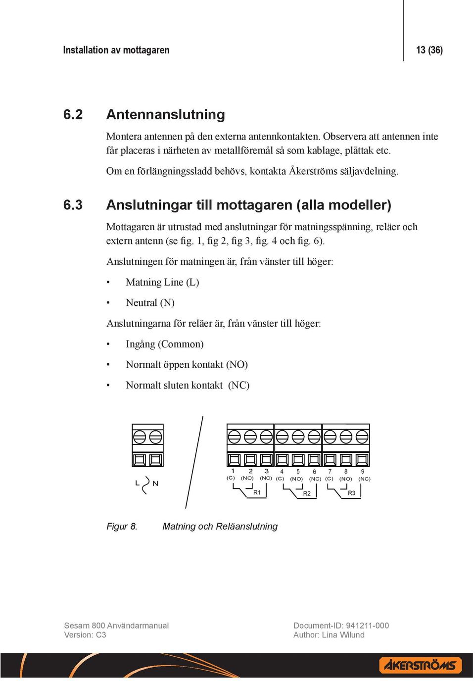 3 Anslutningar till mottagaren (alla modeller) Mottagaren är utrustad med anslutningar för matningsspänning, reläer och extern antenn (se fig. 1, fig 2, fig 3, fig. 4 och fig. 6).