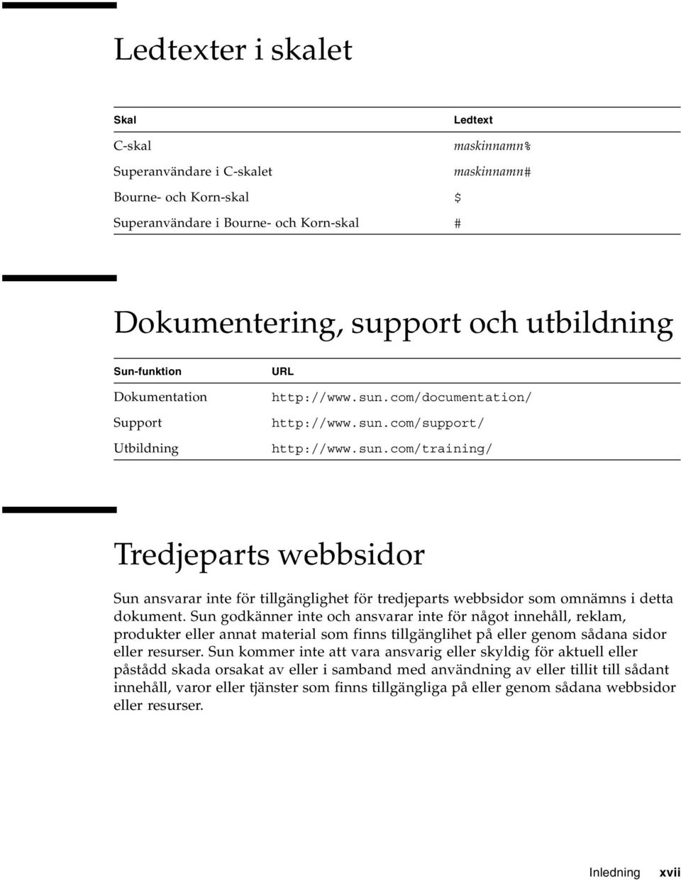 Sun godkänner inte och ansvarar inte för något innehåll, reklam, produkter eller annat material som finns tillgänglihet på eller genom sådana sidor eller resurser.