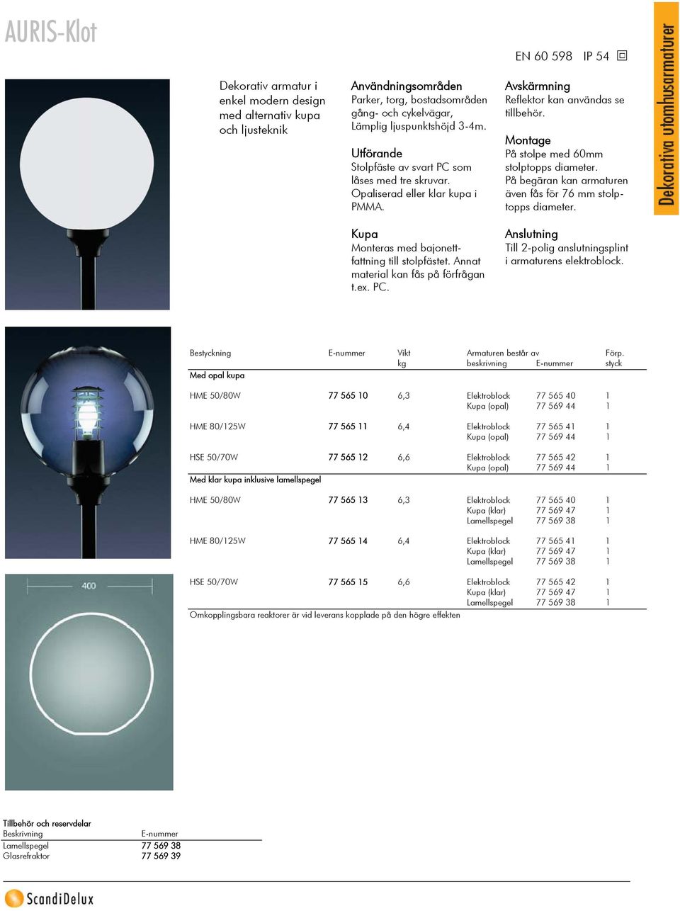 På stolpe med 60mm stolptopps diameter. På begäran kan armaturen även fås för 76 mm stolptopps diameter. Till 2-polig anslutningsplint i armaturens elektroblock.