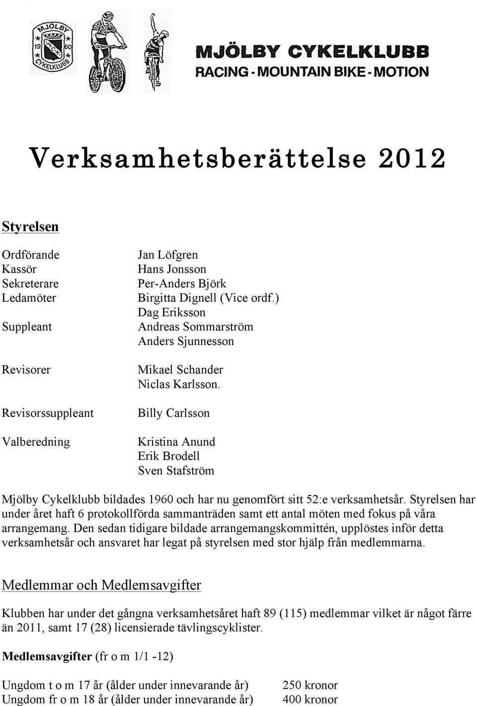 Billy Carlsson Kristina Anund Erik Brodell Sven Stafström Mjölby Cykelklubb bildades 1960 och har nu genomfört sitt 52:e verksamhetsår.