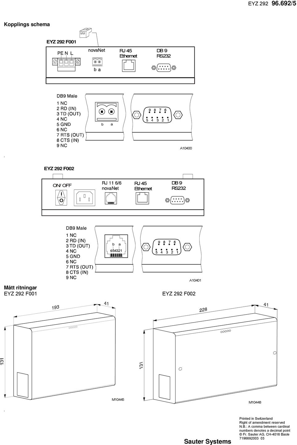 OFF I O RJ 45 DB 9 RS232 b 54321 Mått ritningr EYZ 292 F001 A10401 EYZ 292 F002