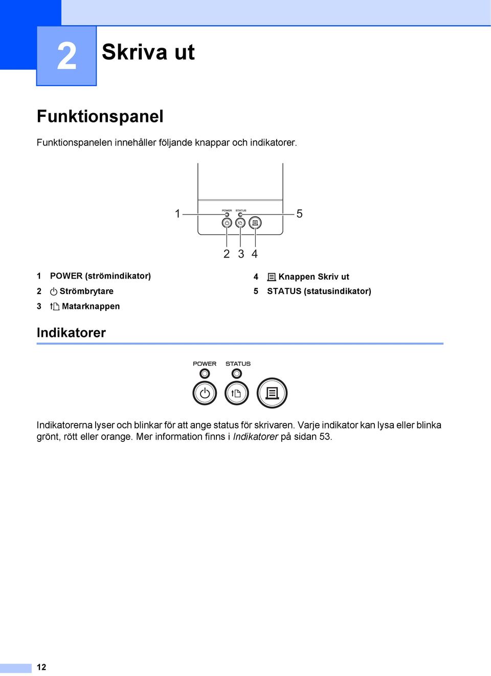 (statusindikator) Indikatorer 2 Indikatorerna lyser och blinkar för att ange status för skrivaren.