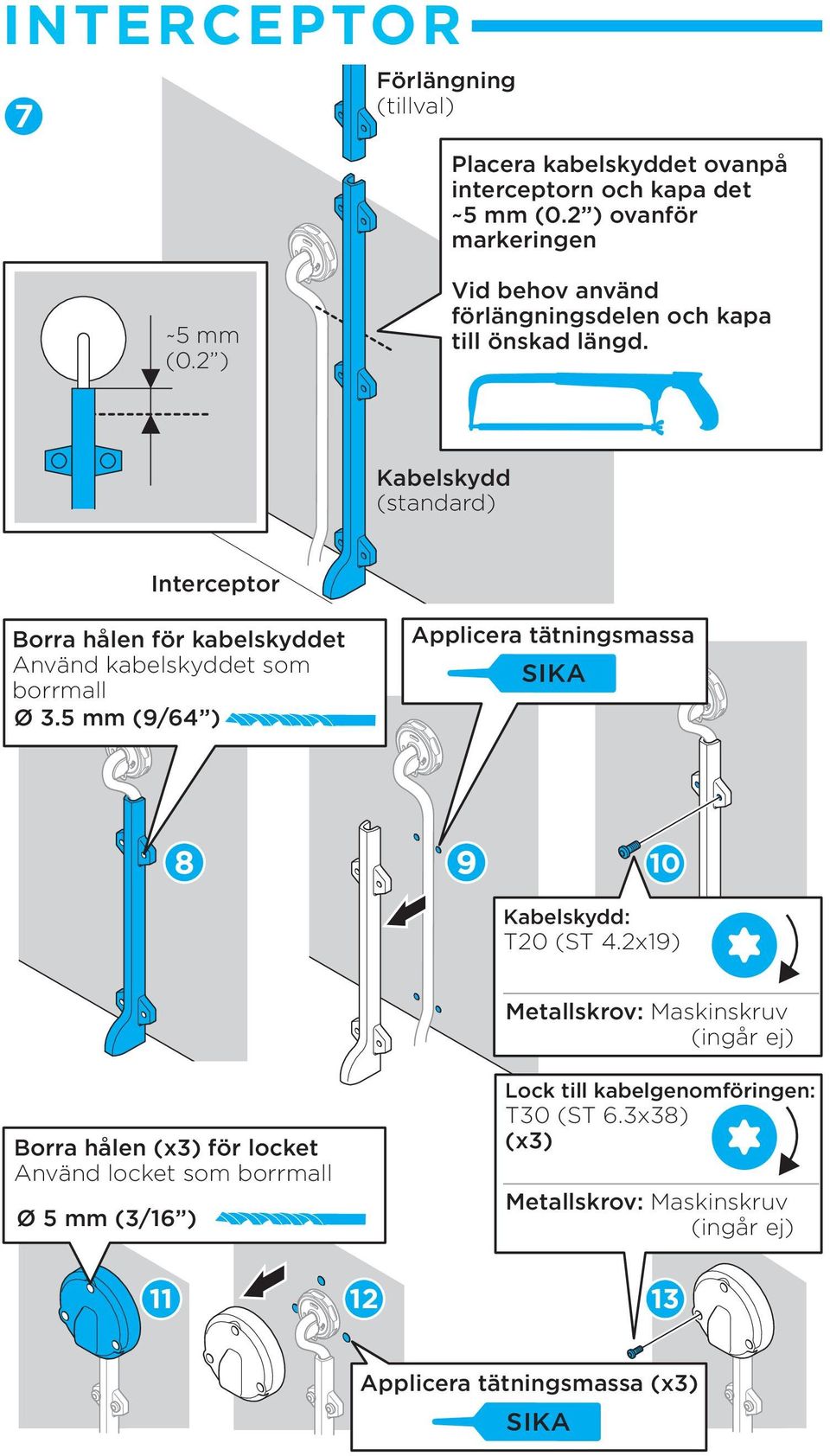 Kabelskydd (standard) Interceptor Borra hålen för kabelskyddet Använd kabelskyddet som borrmall Ø 3.