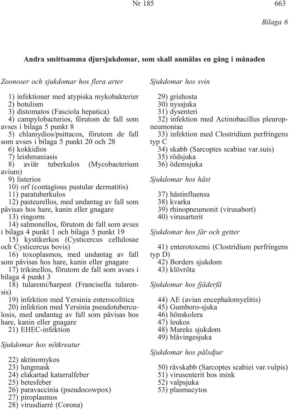 aviär tuberkulos (Mycobacterium avium) 9) listerios 10) orf (contagious pustular dermatitis) 11) paratuberkulos 12) pasteurellos, med undantag av fall som påvisas hos hare, kanin eller gnagare 13)