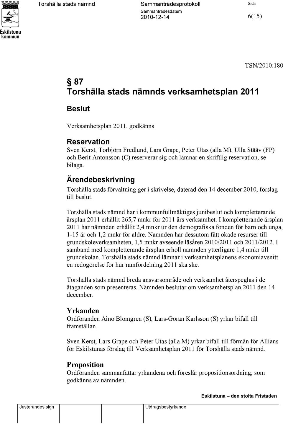 Torshälla stads nämnd har i kommunfullmäktiges junibeslut och kompletterande årsplan 2011 erhållit 265,7 mnkr för 2011 års verksamhet.