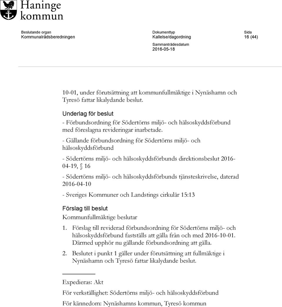 - Gällande förbundsordning för Södertörns miljö- och hälsoskyddsförbund - Södertörns miljö- och hälsoskyddsförbunds direktionsbeslut 2016-04-19, 16 - Södertörns miljö- och hälsoskyddsförbunds