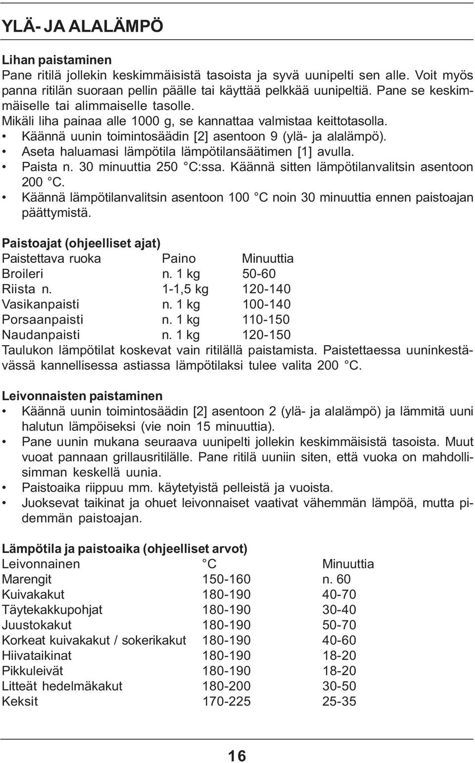 Aseta haluamasi lämpötila lämpötilansäätimen [1] avulla. Paista n. 30 minuuttia 250 C:ssa. Käännä sitten lämpötilanvalitsin asentoon 200 C.