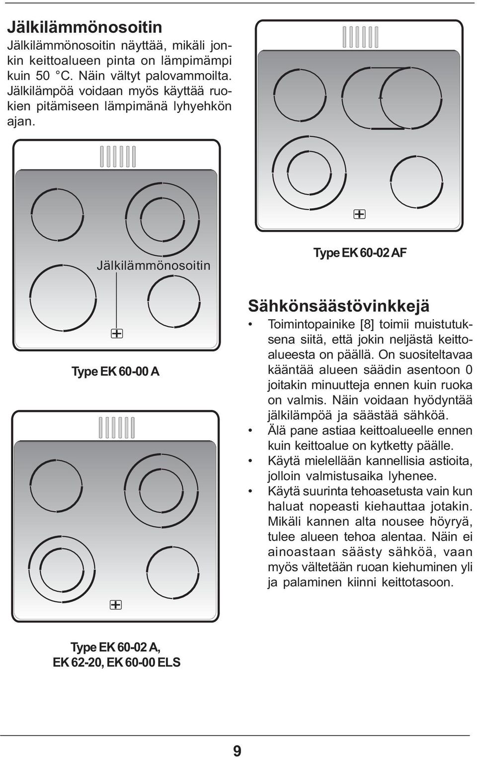 Jälkilämmönosoitin Type EK 60-02 AF Type EK 60-00 A Sähkönsäästövinkkejä Toimintopainike [8] toimii muistutuksena siitä, että jokin neljästä keittoalueesta on päällä.