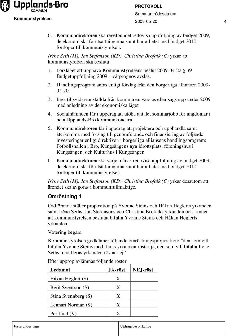 2. Handlingsprogram antas enligt förslag från den borgerliga alliansen 2009-05-20. 3. Inga tillsvidareanställda från kommunen varslas eller sägs upp under 2009 med anledning av det ekonomiska läget 4.