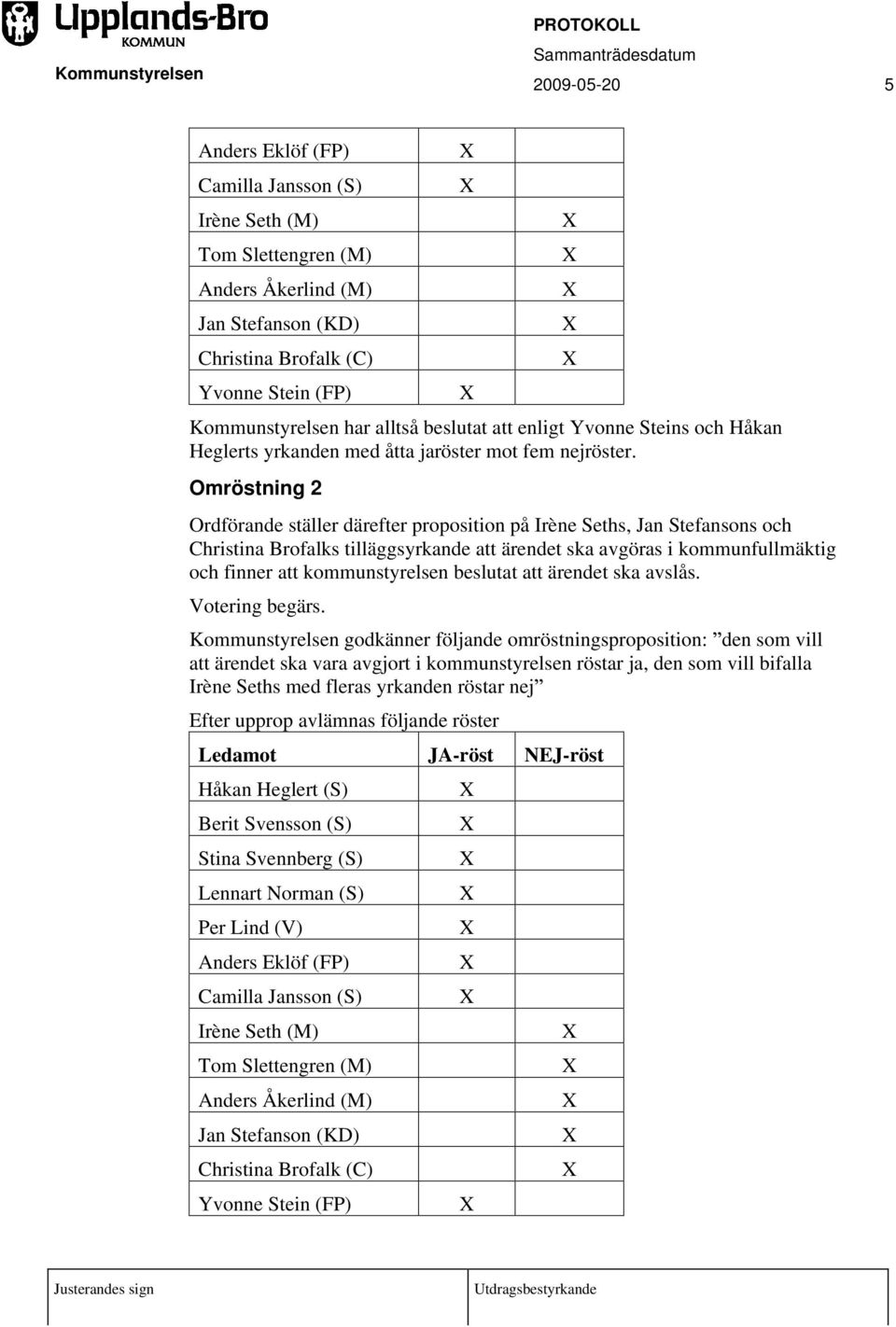 Omröstning 2 Ordförande ställer därefter proposition på Irène Seths, Jan Stefansons och Christina Brofalks tilläggsyrkande att ärendet ska avgöras i kommunfullmäktig och finner att kommunstyrelsen