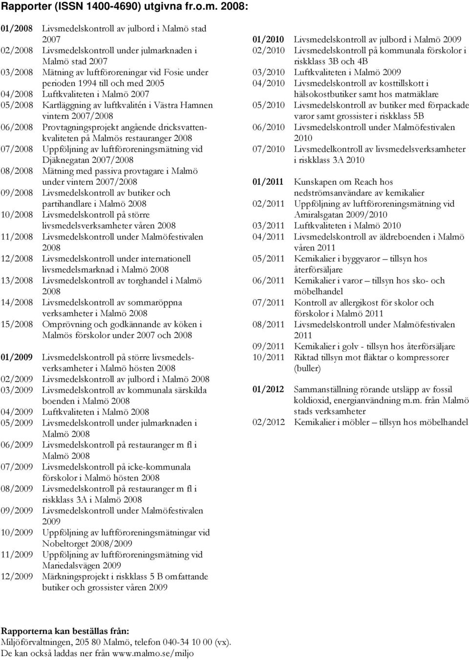 och med 2005 04/2008 Luftkvaliteten i Malmö 2007 05/2008 Kartläggning av luftkvalitén i Västra Hamnen vintern 2007/2008 06/2008 Provtagningsprojekt angående dricksvattenkvaliteten på Malmös