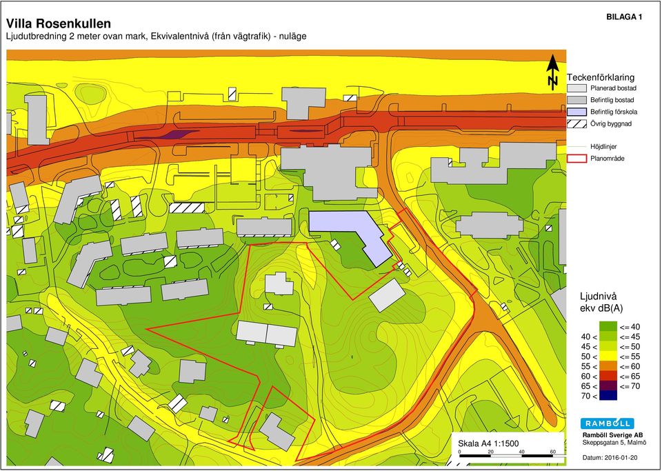 byggnad Höjdlinjer Planområde Ljudnivå ekv db(a) <= 40 40 < <= 45 45 < <= 50 50 < <= 55 55