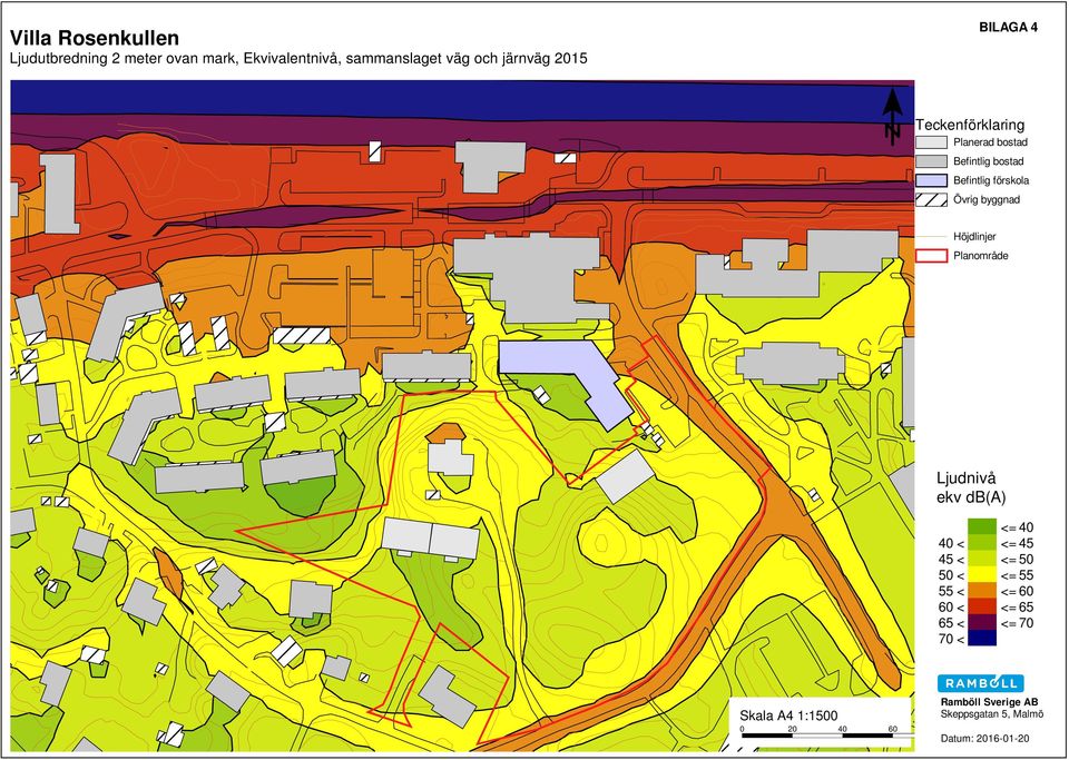 Övrig byggnad Höjdlinjer Planområde Ljudnivå ekv db(a) <= 40 40 < <= 45 45 < <= 50 50 < <= 55