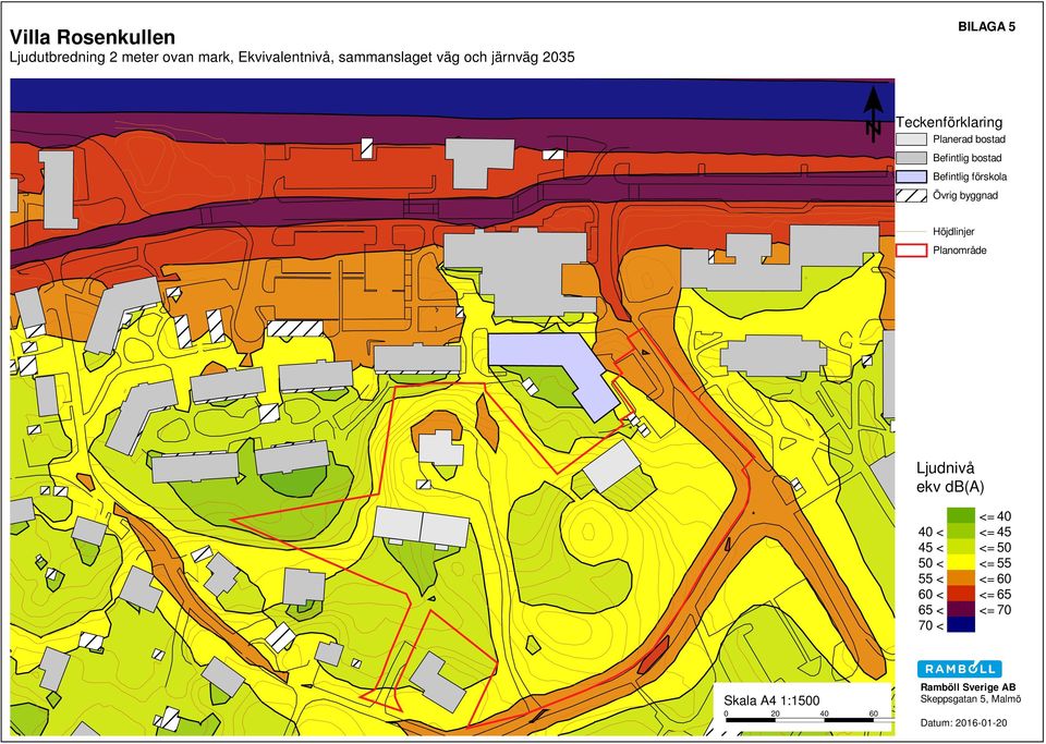 Övrig byggnad Höjdlinjer Planområde Ljudnivå ekv db(a) <= 40 40 < <= 45 45 < <= 50 50 < <= 55