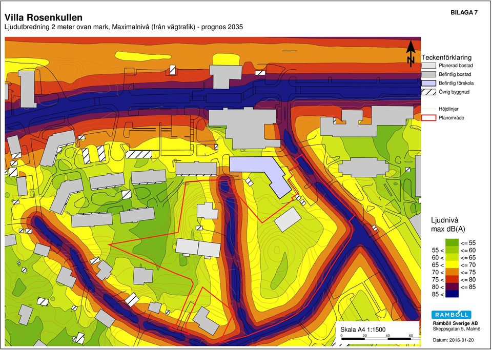 byggnad Höjdlinjer Planområde Ljudnivå max db(a) <= 55 55 < <= 60 60 < <= 65 65 < <= 70 70 <