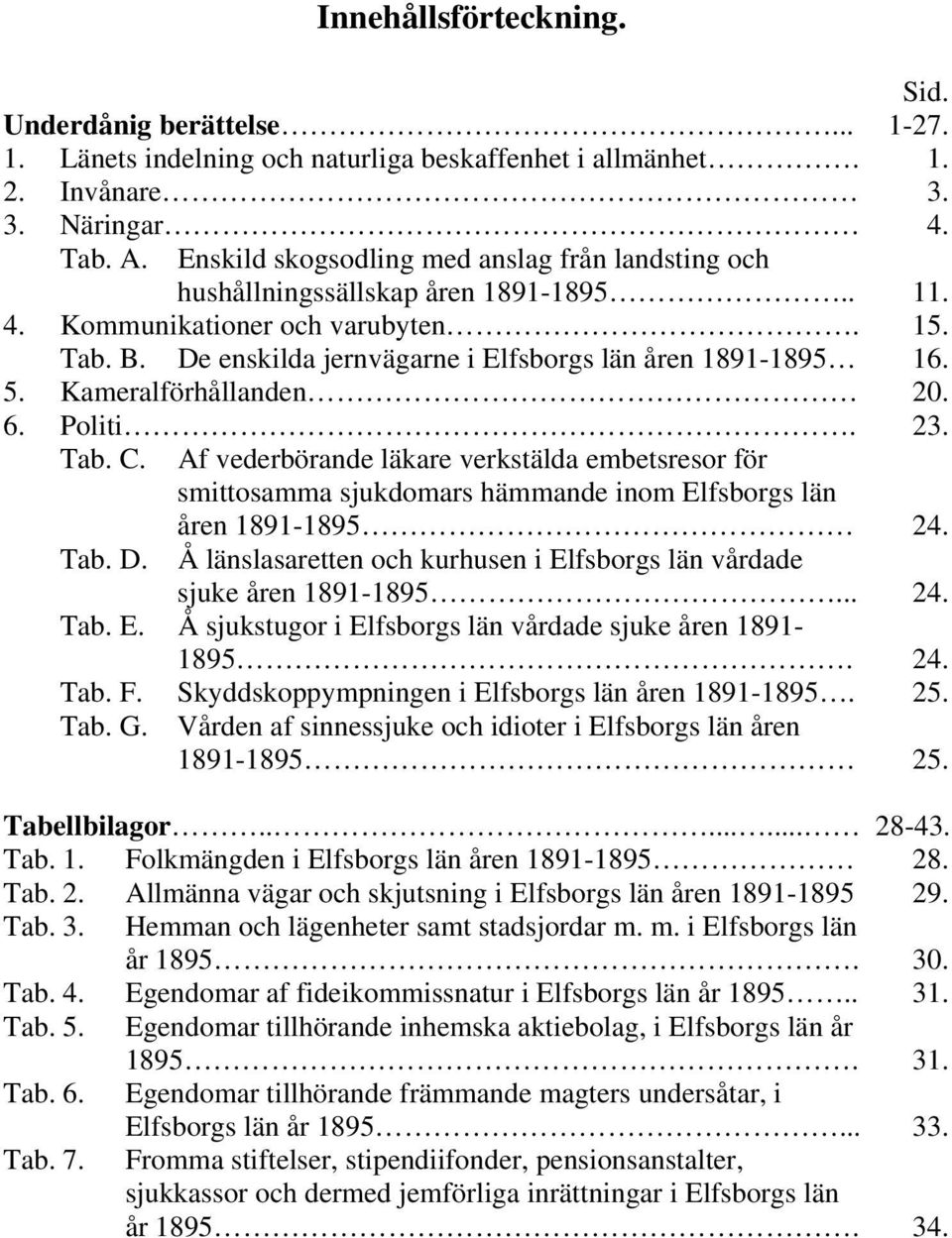 Kameralförhållanden 20. 6. Politi. 23. Tab. C. Tab. D. Af vederbörande läkare verkstälda embetsresor för smittosamma sjukdomars hämmande inom Elfsborgs län åren 1891-1895 24.