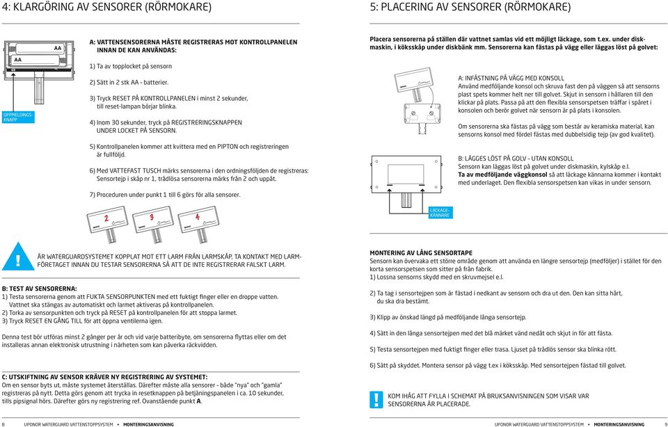 Sensorerna kan fästas på vägg eller läggas löst på golvet: OPPMELDINGS- KNAPP 1) Ta av topplocket på sensorn 2) Sätt in 2 stk AA batterier.