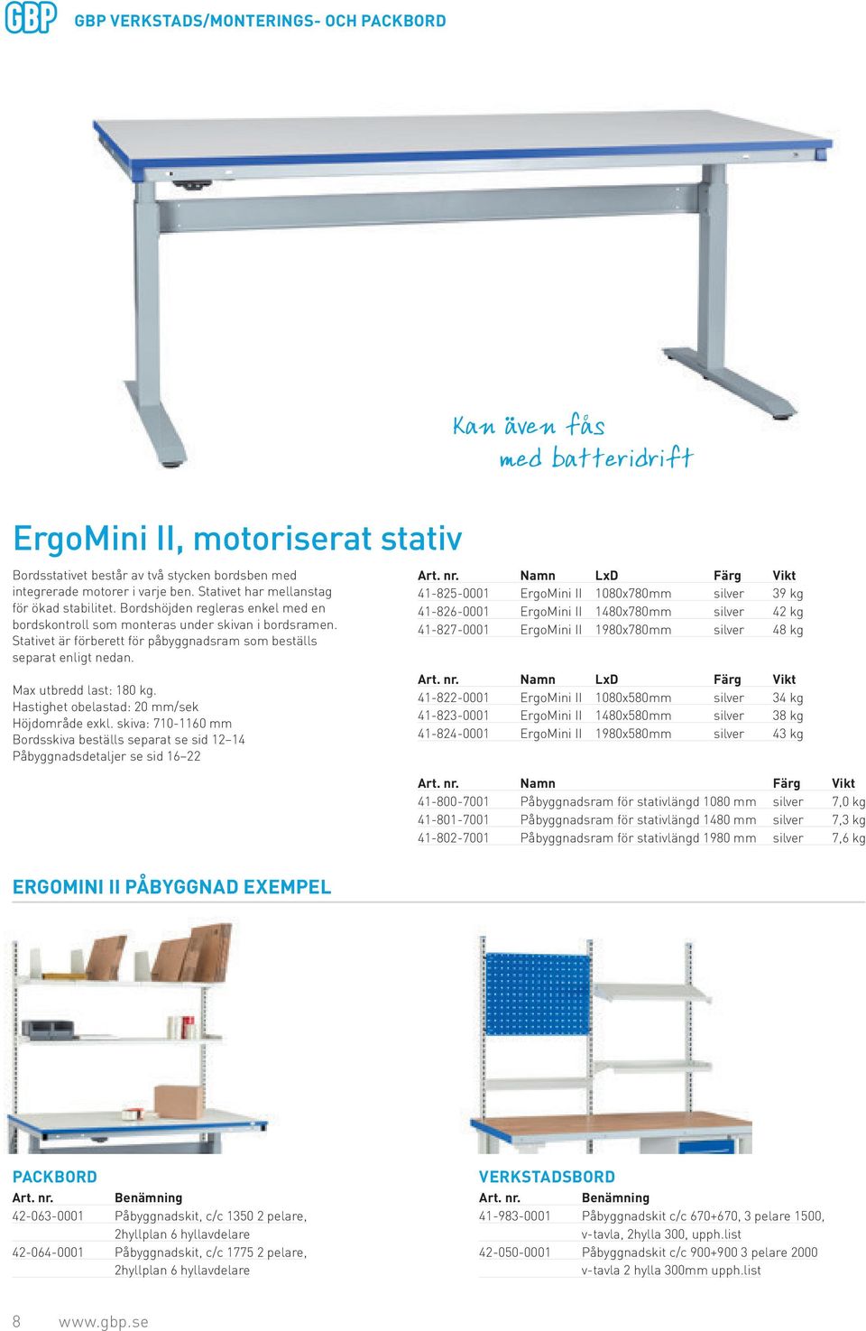 Stativet är förberett för påbyggnadsram som beställs separat enligt nedan. Max utbredd last: 180 kg. Hastighet obelastad: 20 mm/sek Höjdområde exkl.