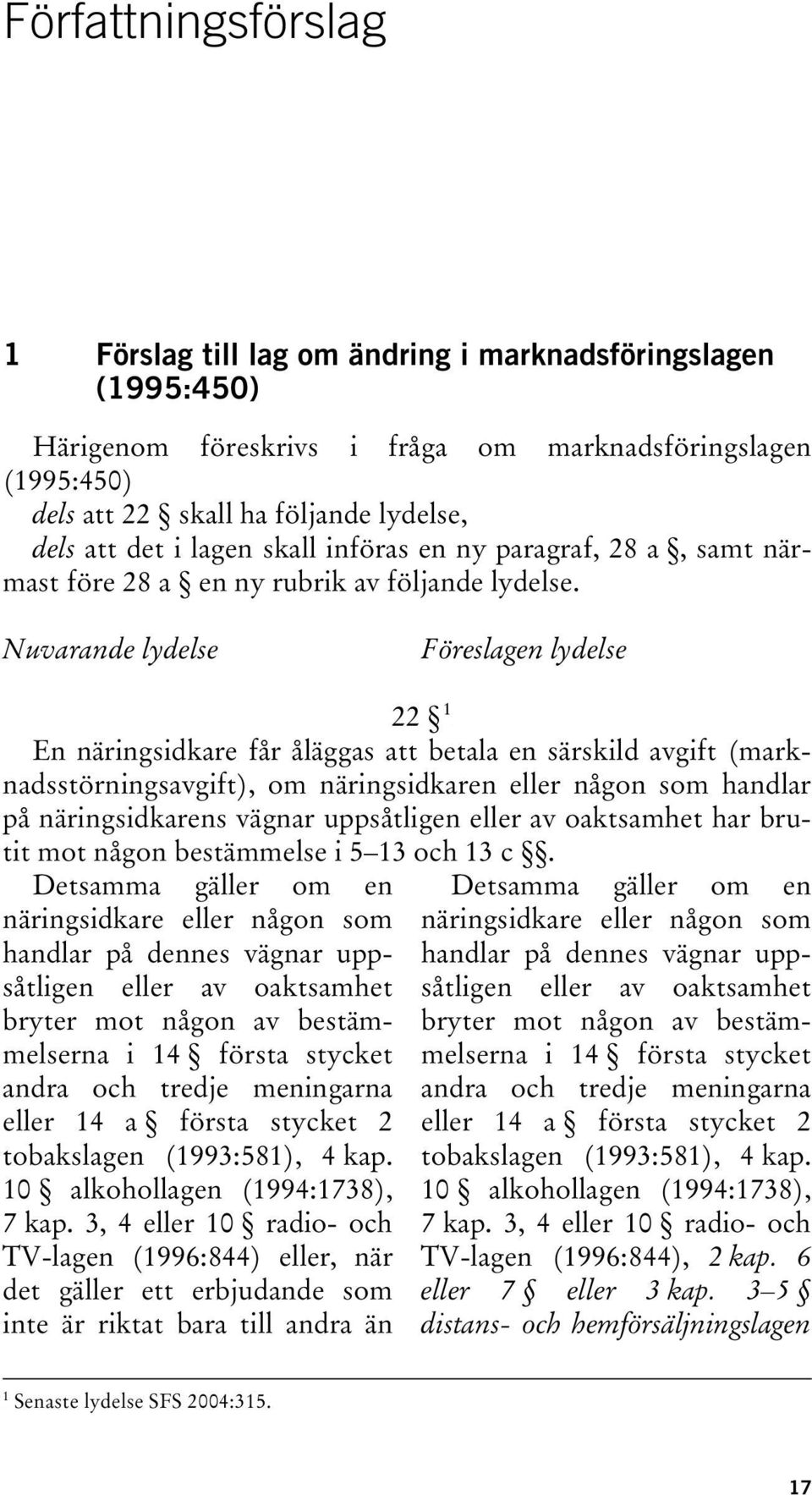 Nuvarande lydelse Föreslagen lydelse 22 TPF En näringsidkare får åläggas att betala en särskild avgift (marknadsstörningsavgift), om näringsidkaren eller någon som handlar på näringsidkarens vägnar