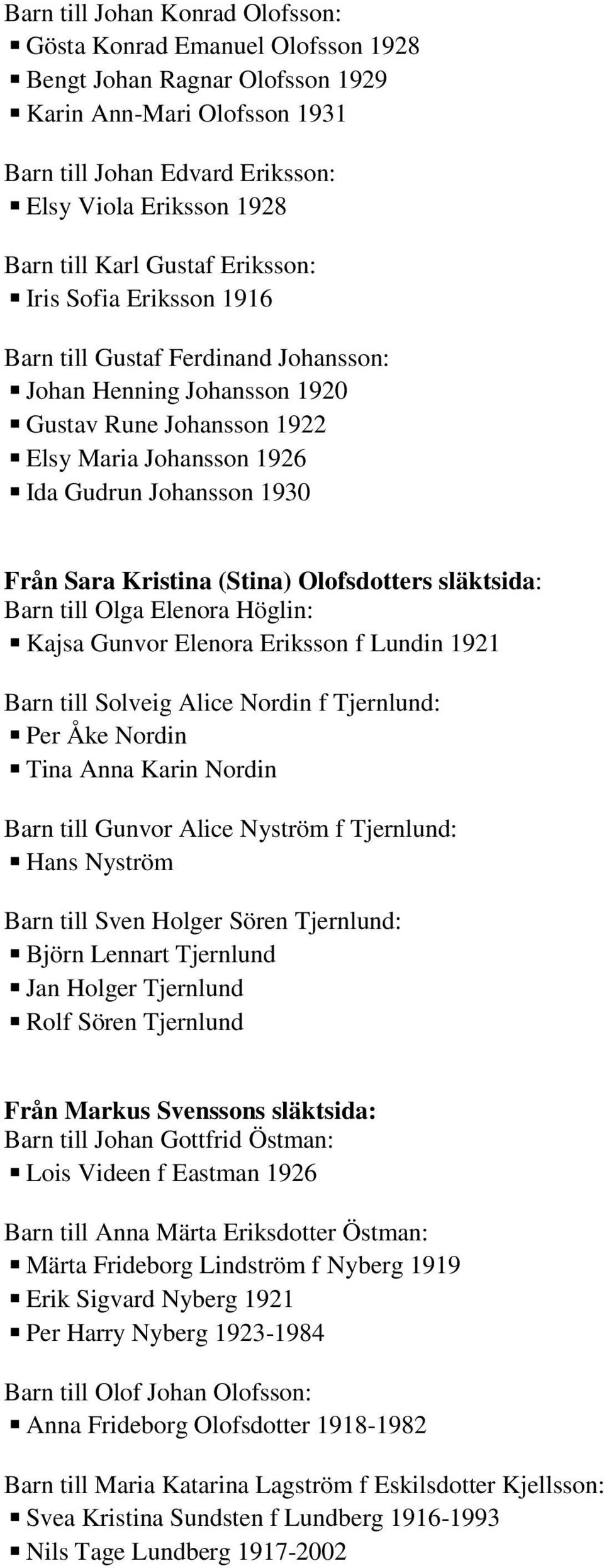 Sara Kristina (Stina) Olofsdotters släktsida: Barn till Olga Elenora Höglin: Kajsa Gunvor Elenora Eriksson f Lundin 1921 Barn till Solveig Alice Nordin f Tjernlund: Per Åke Nordin Tina Anna Karin