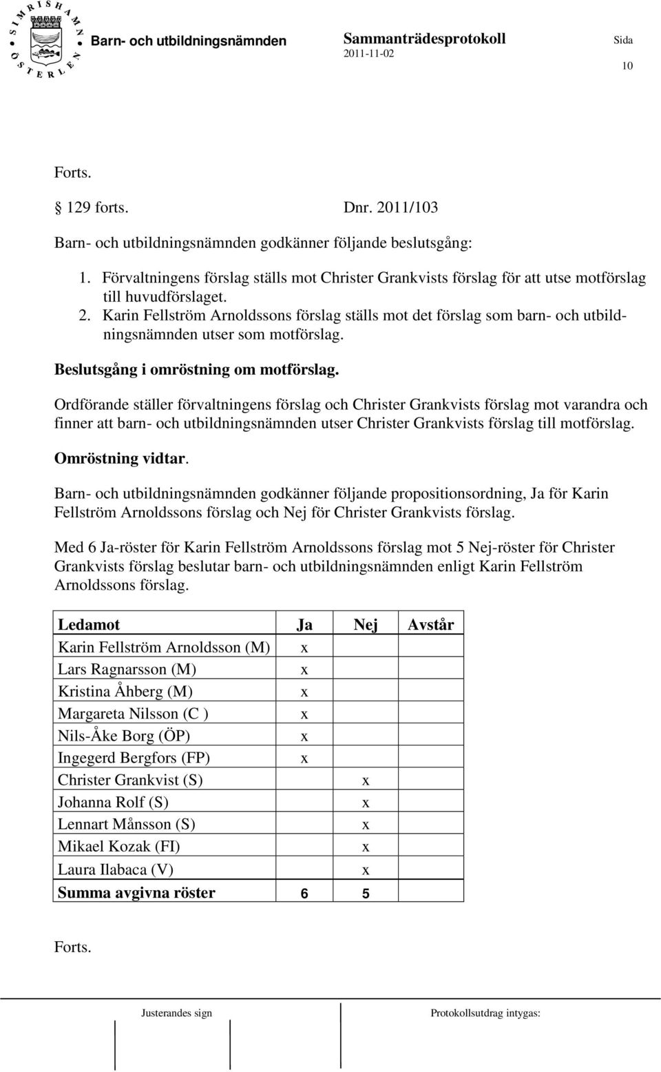 Karin Fellström Arnoldssons förslag ställs mot det förslag som barn- och utbildningsnämnden utser som motförslag. Beslutsgång i omröstning om motförslag.