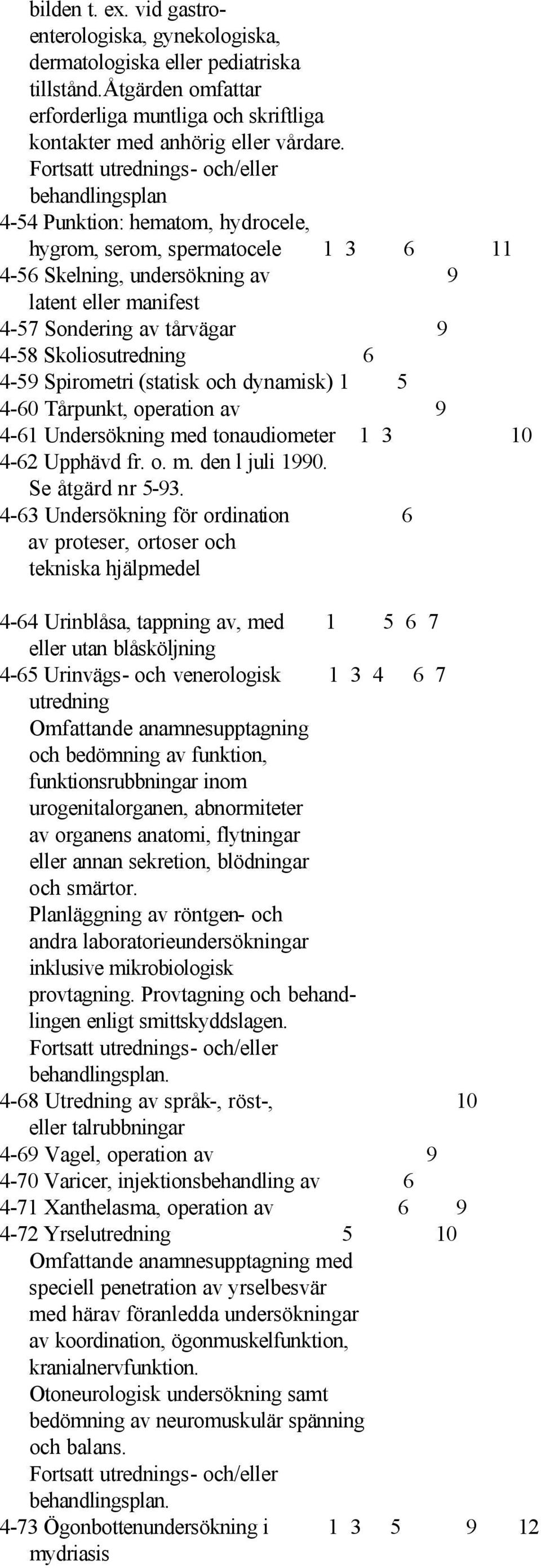 4-59 Spirometri (statisk och dynamisk) 1 5 4-60 Tårpunkt, operation av 9 4-61 Undersökning med tonaudiometer 1 3 10 4-62 Upphävd fr. o. m. den l juli 1990. Se åtgärd nr 5-93.