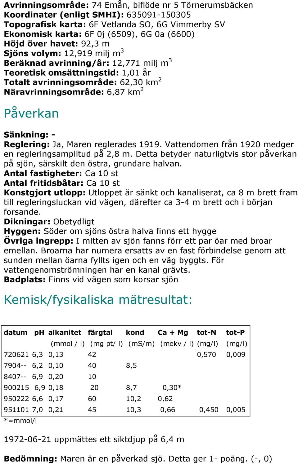 Sänkning: - Reglering: Ja, Maren reglerades 1919. Vattendomen från 1920 medger en regleringsamplitud på 2,8 m. Detta betyder naturligtvis stor påverkan på sjön, särskilt den östra, grundare halvan.