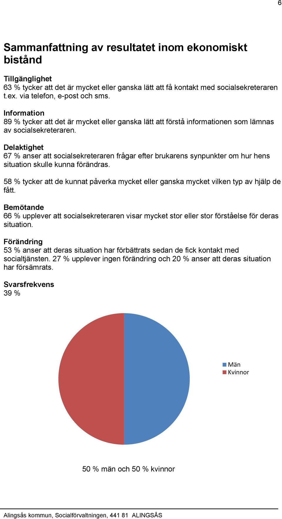 Delaktighet 67 % anser att socialsekreteraren frågar efter brukarens synpunkter om hur hens situation skulle kunna förändras. 8 % tycker att de kunnat påverka eller ganska vilken typ av hjälp de fått.