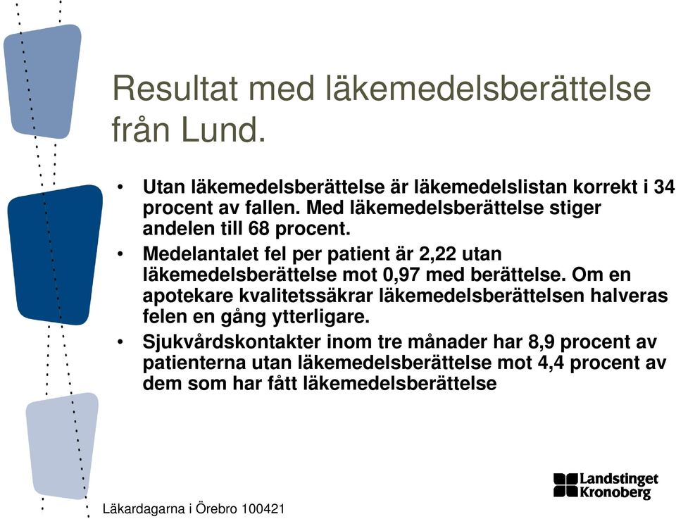 Medelantalet fel per patient är 2,22 utan läkemedelsberättelse mot 0,97 med berättelse.