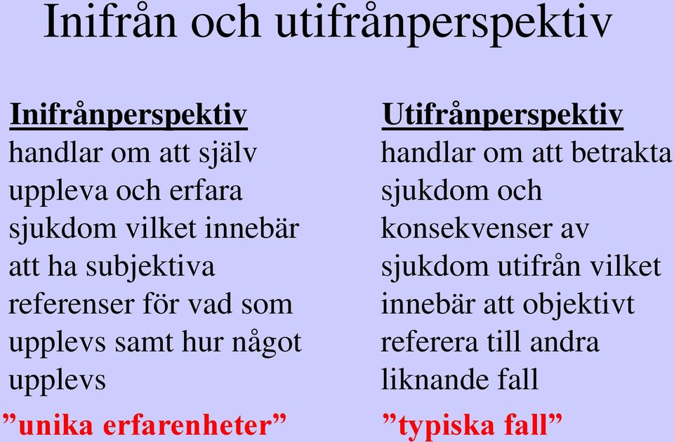 upplevs unika erfarenheter Utifrånperspektiv handlar om att betrakta sjukdom och