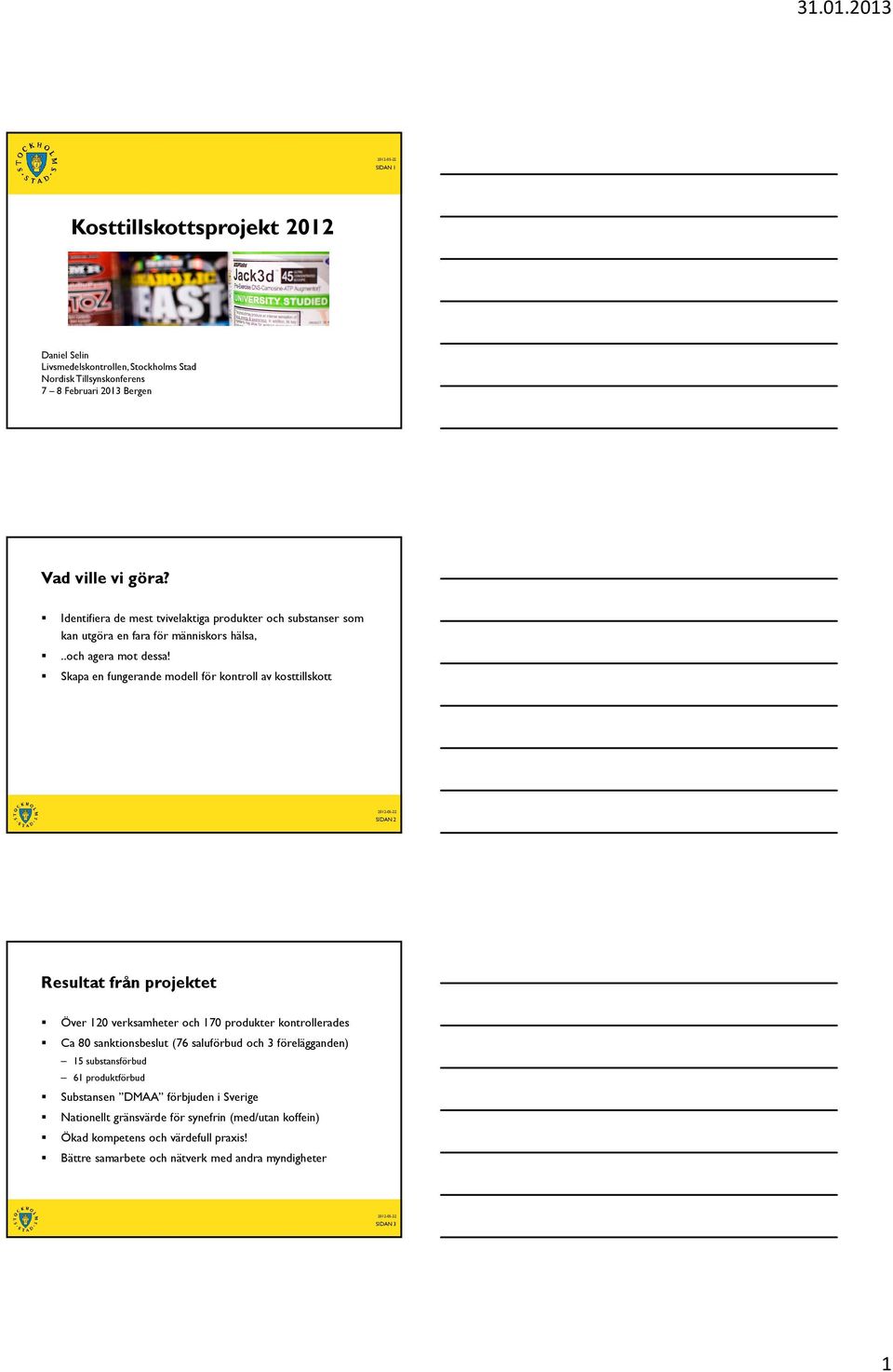 Skapa en fungerande modell för kontroll av kosttillskott SIDAN 2 Resultat från projektet Över 120 verksamheter och 170 produkter kontrollerades Ca 80 sanktionsbeslut (76