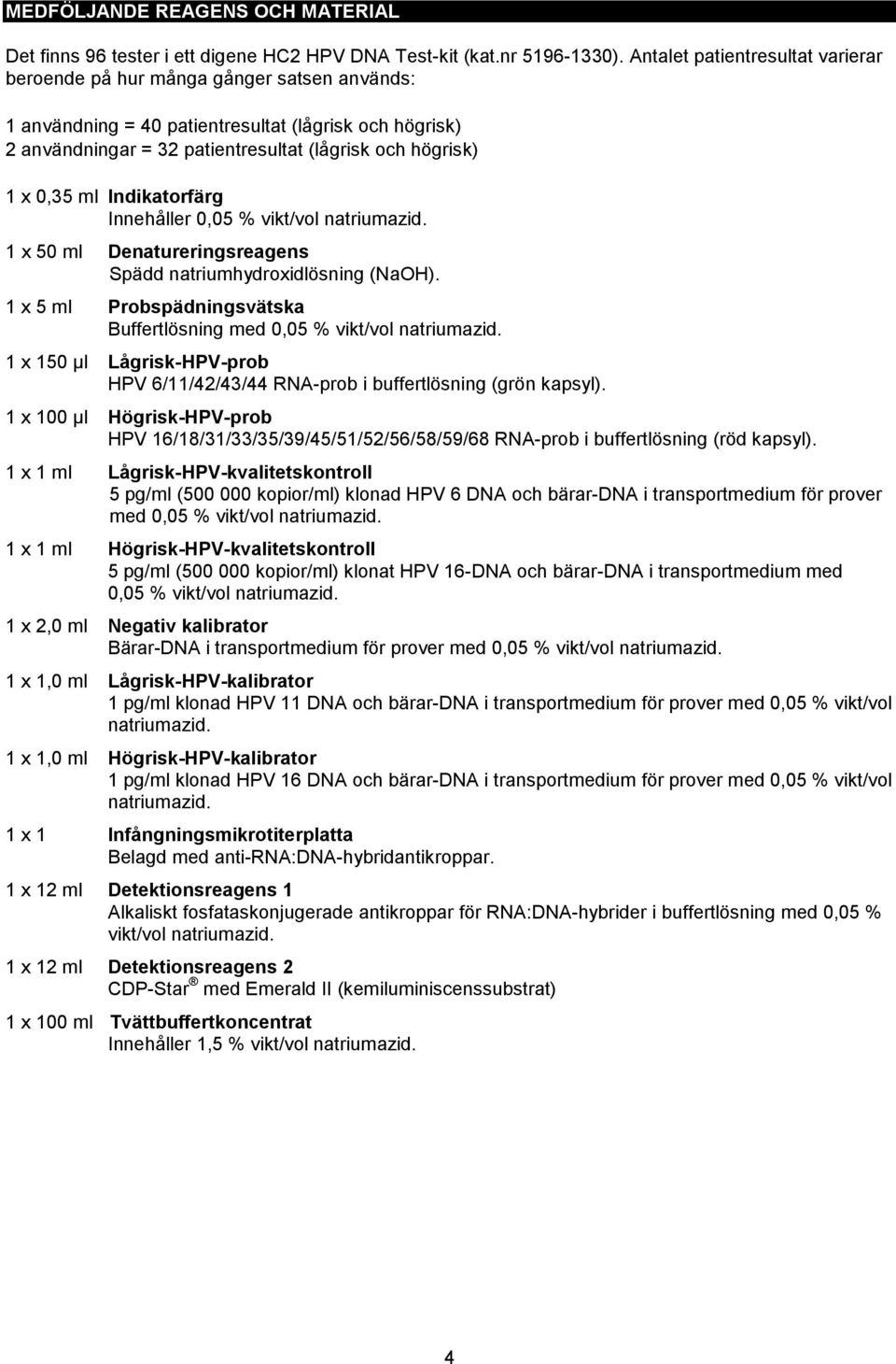0,35 ml Indikatorfärg Innehåller 0,05 % vikt/vol natriumazid. 1 x 50 ml Denatureringsreagens Spädd natriumhydroxidlösning (NaOH).