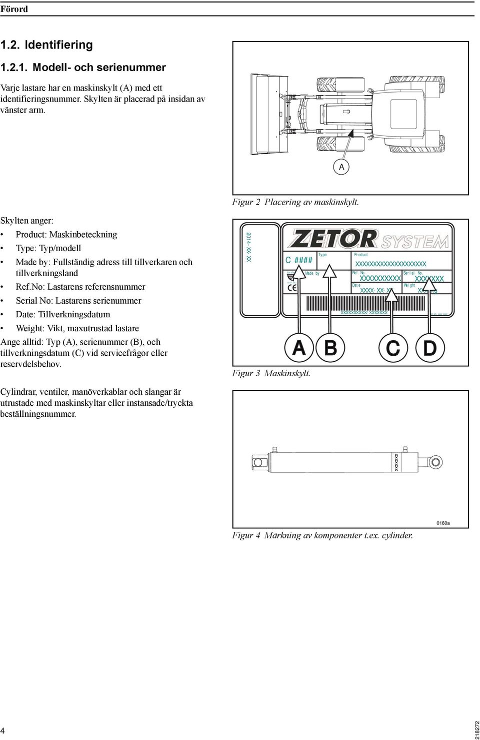 No: Lastarens referensnummer Serial No: Lastarens serienummer Date: Tillverkningsdatum Weight: Vikt, maxutrustad lastare Ange alltid: Typ (A), serienummer (B), och tillverkningsdatum (C) vid