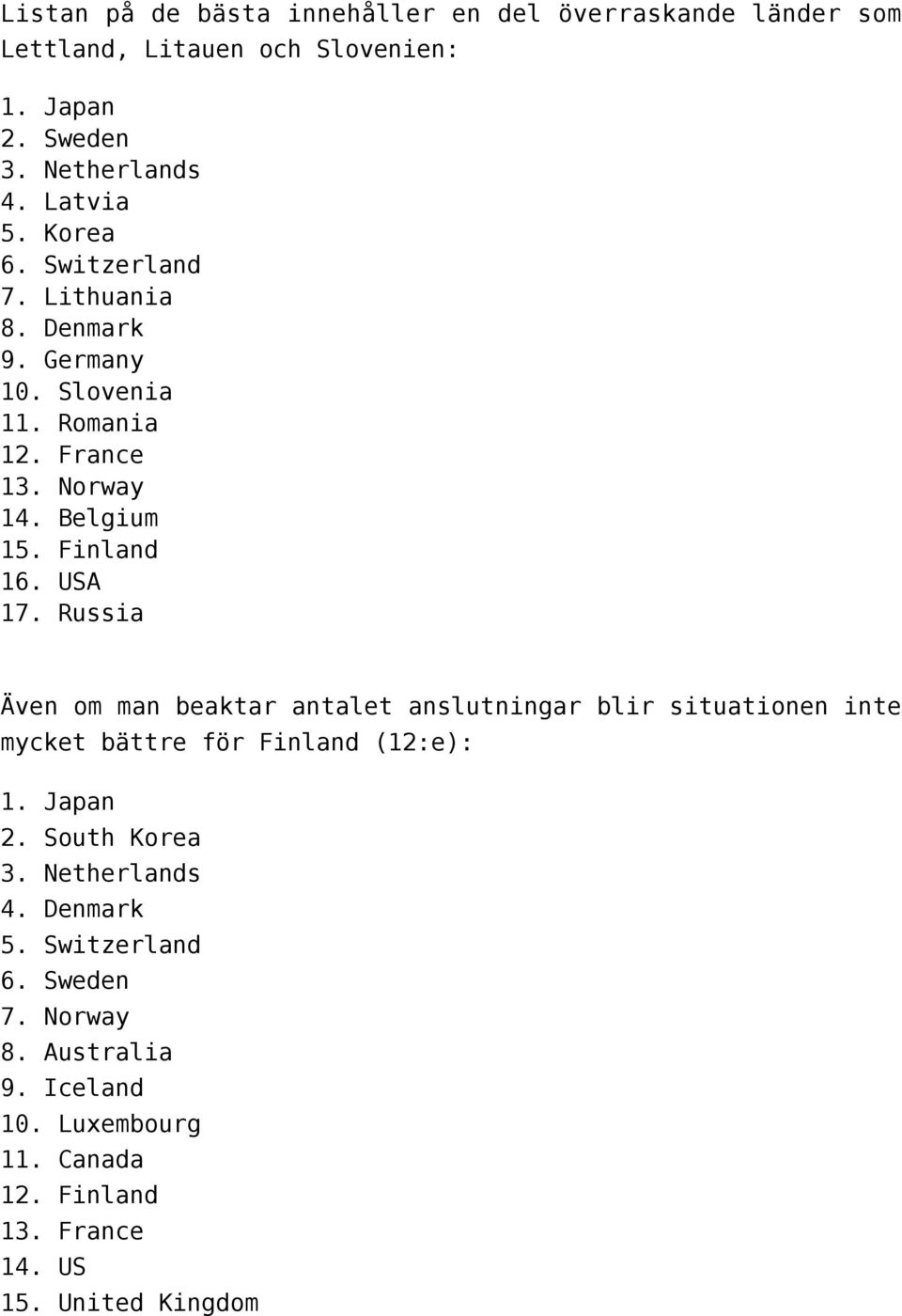 Russia Även om man beaktar antalet anslutningar blir situationen inte mycket bättre för Finland (12:e): 1. Japan 2. South Korea 3.