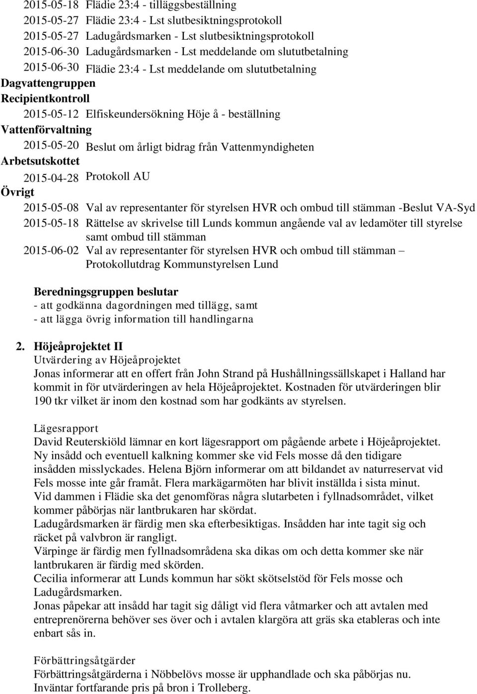 2015-05-20 Beslut om årligt bidrag från Vattenmyndigheten Arbetsutskottet 2015-04-28 Protokoll AU Övrigt 2015-05-08 Val av representanter för styrelsen HVR och ombud till stämman -Beslut VA-Syd