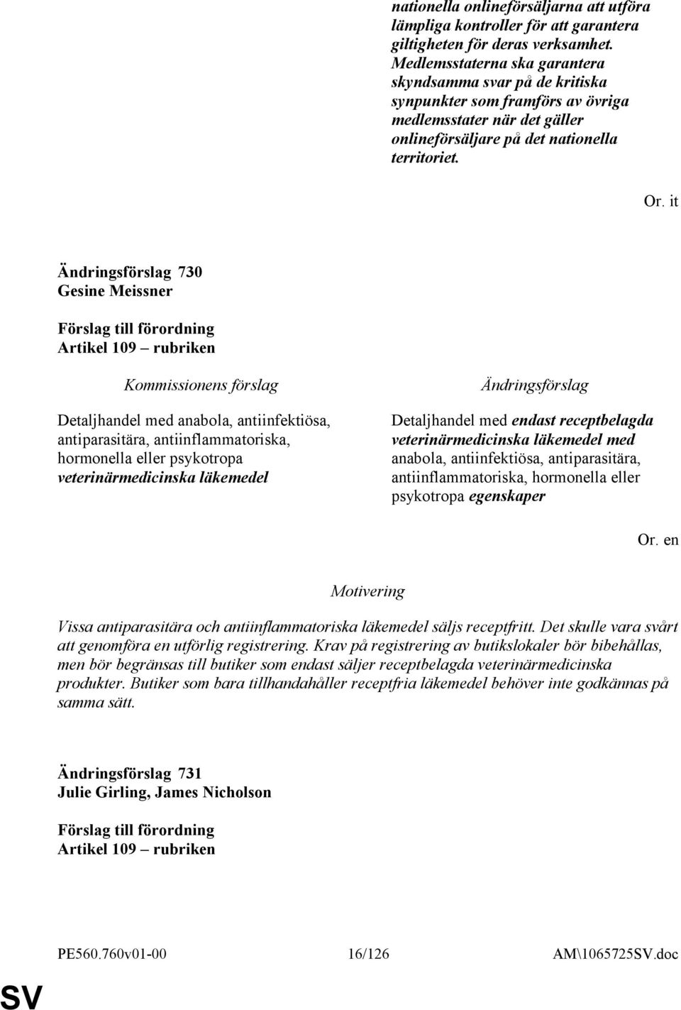 it 730 Gesine Meissner Artikel 109 rubriken Detaljhandel med anabola, antiinfektiösa, antiparasitära, antiinflammatoriska, hormonella eller psykotropa veterinärmedicinska läkemedel Detaljhandel med