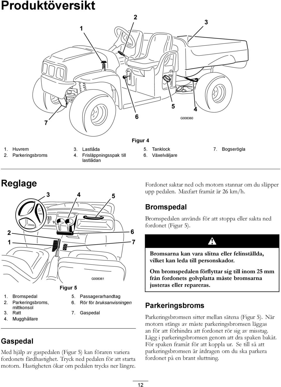 Bromspedal Bromspedalen används för att stoppa eller sakta ned fordonet (Figur 5). Figur 5 1. Bromspedal 5. Passagerarhandtag 2. Parkeringsbroms, 6. Rör för bruksanvisningen mittkonsol 3. Ratt 7.