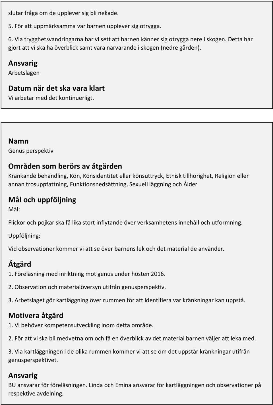 Namn Genus perspektiv Områden som berörs av åtgärden Kränkande behandling, Kön, Könsidentitet eller könsuttryck, Etnisk tillhörighet, Religion eller annan trosuppfattning, Funktionsnedsättning,