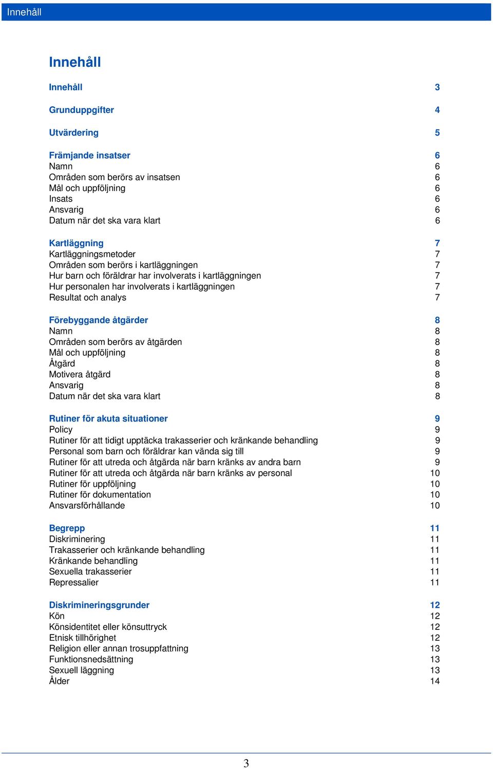 analys 7 Förebyggande åtgärder 8 Namn 8 Områden som berörs av åtgärden 8 Mål och uppföljning 8 Åtgärd 8 Motivera åtgärd 8 Ansvarig 8 Datum när det ska vara klart 8 Rutiner för akuta situationer 9