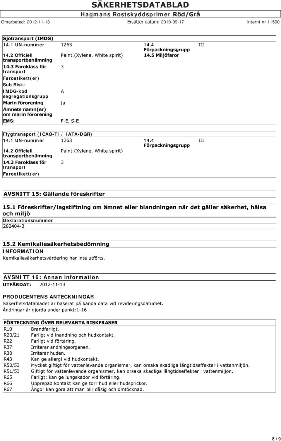 1 UN-nummer 1263 14.4 Förpackningsgrupp 14.2 Officiell Paint.(Xylene, White spirit) transportbenämning 14.3 Faroklass för transport Faroetikett(er) 3 III AVSNITT 15: Gällande föreskrifter 15.
