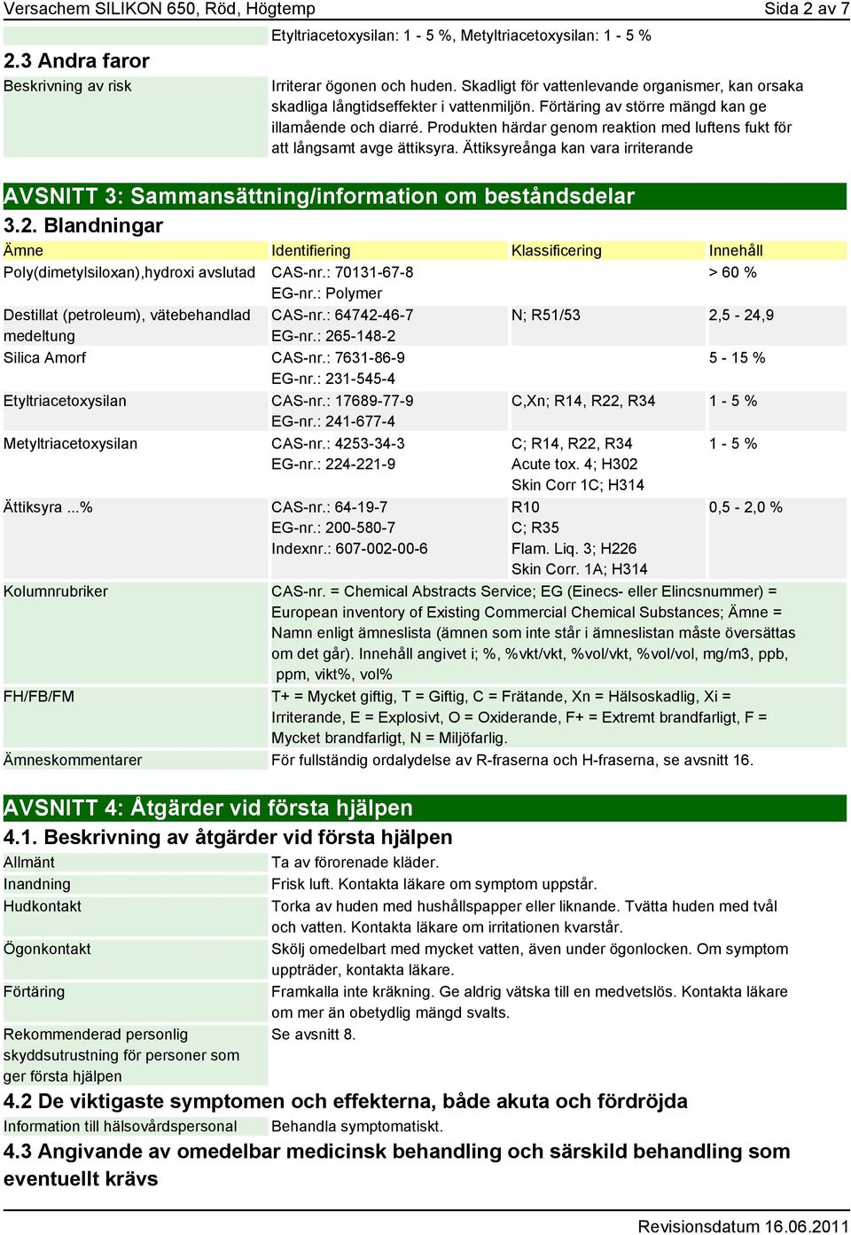 Produkten härdar genom reaktion med luftens fukt för att långsamt avge ättiksyra. Ättiksyreånga kan vara irriterande AVSNITT 3: Sammansättning/information om beståndsdelar 3.2.