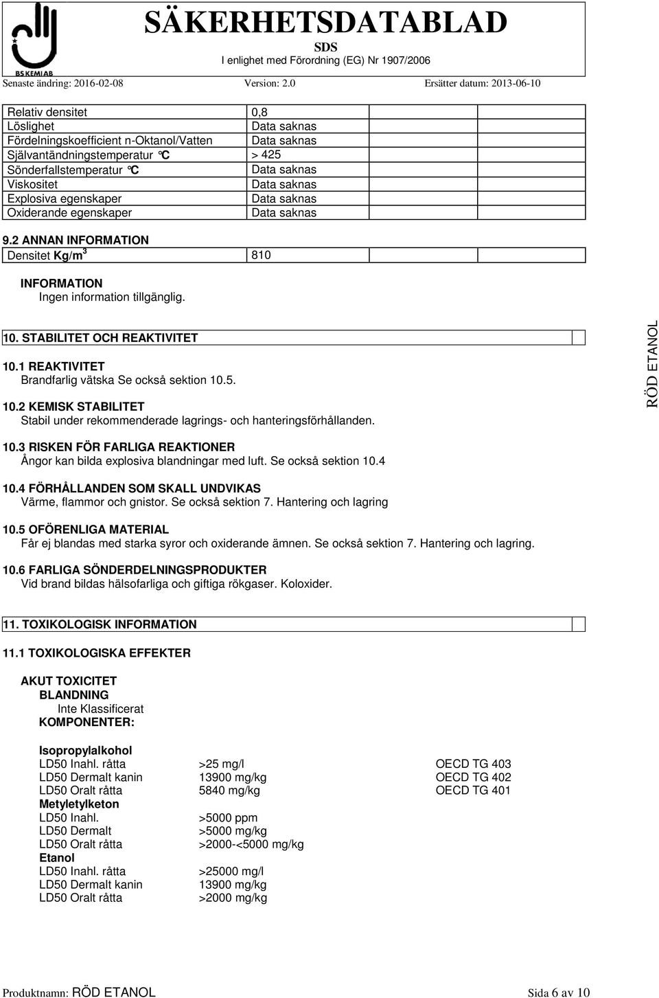10.3 RISKEN FÖR FARLIGA REAKTIONER Ångor kan bilda explosiva blandningar med luft. Se också sektion 10.4 10.4 FÖRHÅLLANDEN SOM SKALL UNDVIKAS Värme, flammor och gnistor. Se också sektion 7.