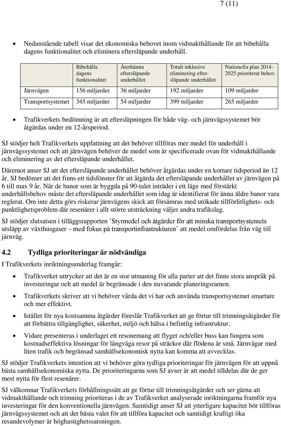 miljarder 192 miljarder 109 miljarder Transportsystemet 345 miljarder 54 miljarder 399 miljarder 265 miljarder Trafikverkets bedömning är att eftersläpningen för både väg- och järnvägssystemet bör