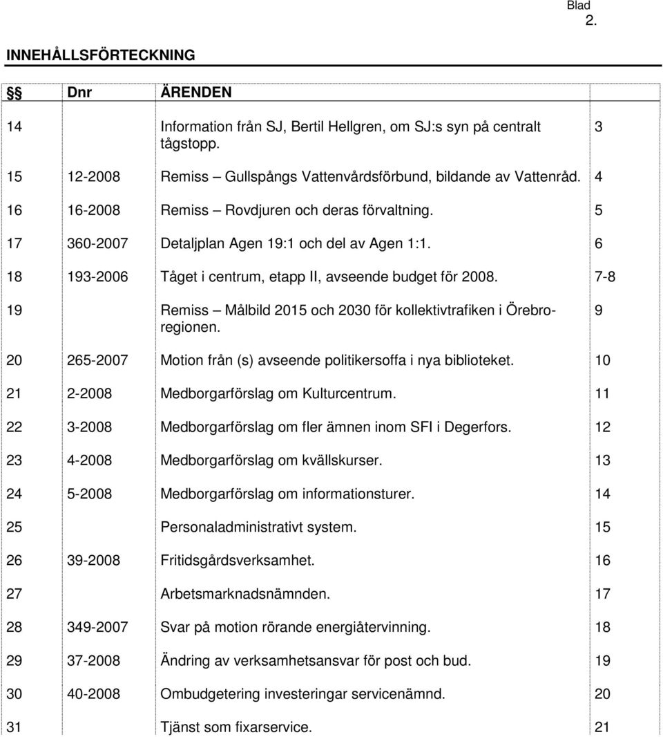 7-8 19 Remiss Målbild 2015 och 2030 för kollektivtrafiken i Örebroregionen. 9 20 265-2007 Motion från (s) avseende politikersoffa i nya biblioteket. 10 21 2-2008 Medborgarförslag om Kulturcentrum.