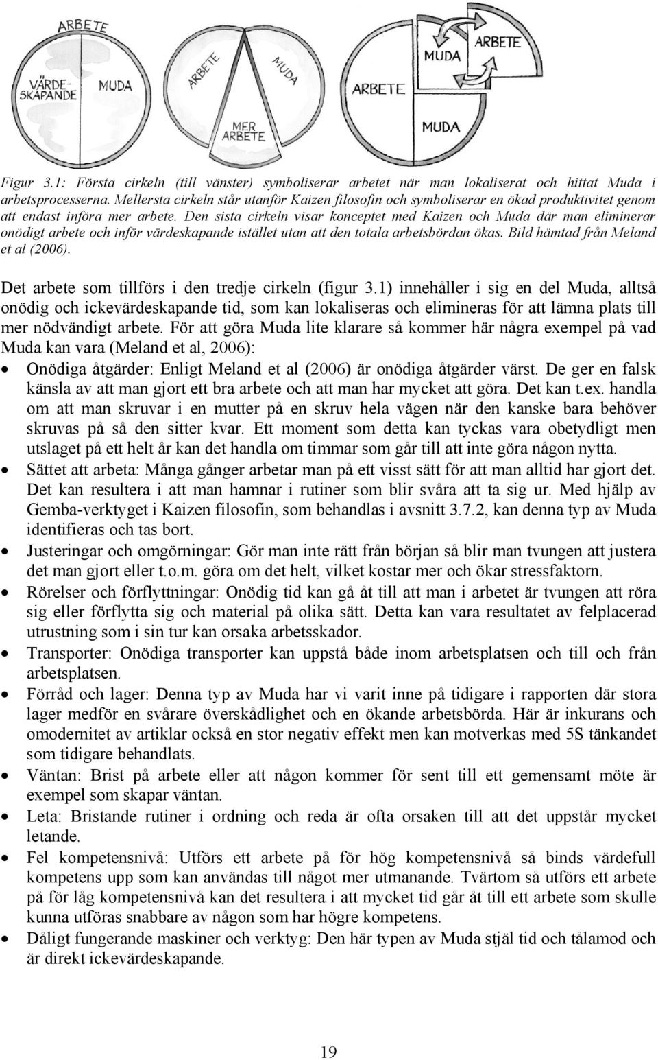 Den sista cirkeln visar konceptet med Kaizen och Muda där man eliminerar onödigt arbete och inför värdeskapande istället utan att den totala arbetsbördan ökas. Bild hämtad från Meland et al (2006).
