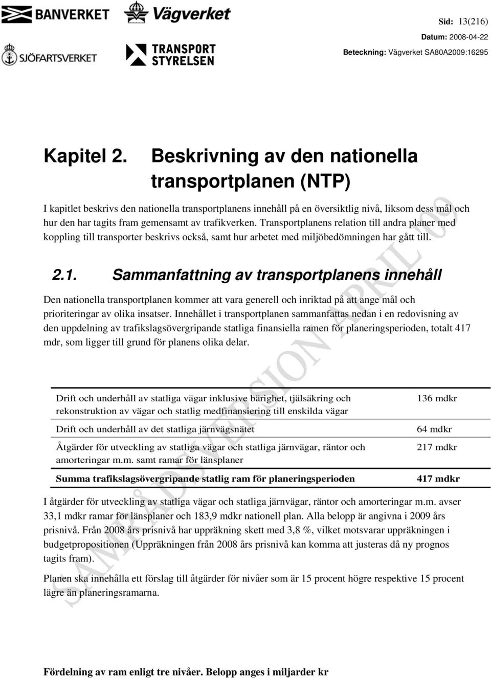 trafikverken. Transportplanens relation till andra planer med koppling till transporter beskrivs också, samt hur arbetet med miljöbedömningen har gått till. 2.1.