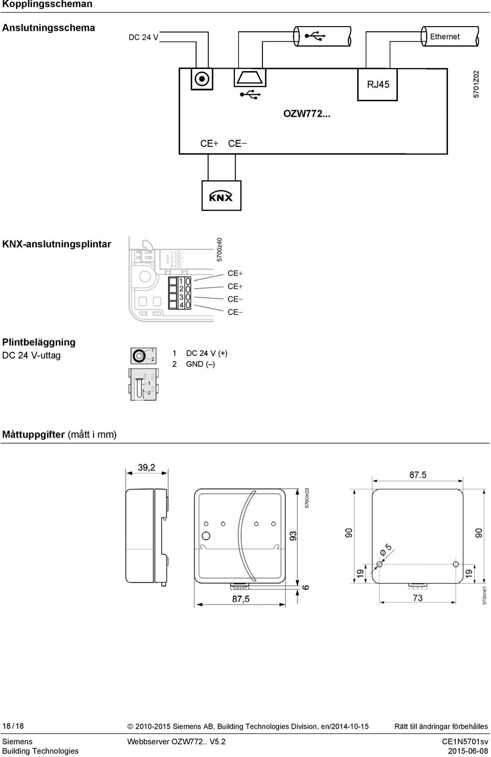 Måttuppgifter (mått i mm) 18 / 18 2010-2015 Siemens AB,